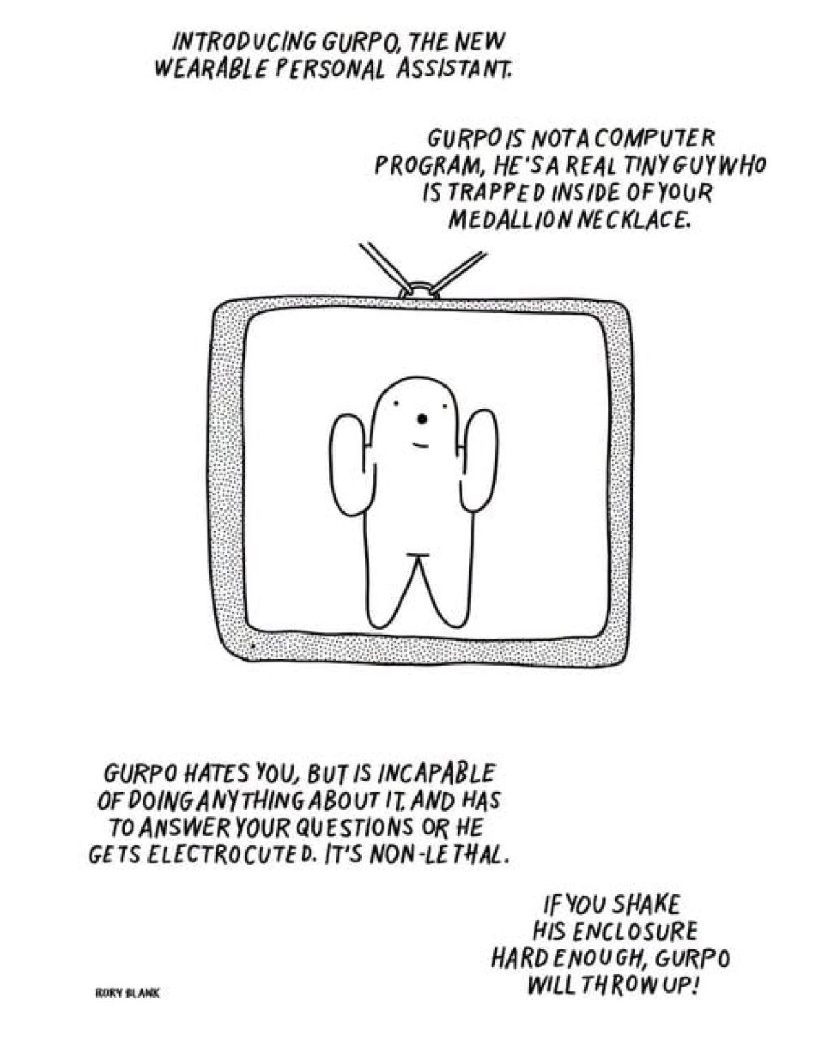 Rory Blank's hand-drawn Gurpo cartoon: a tiny blank-faced figure with raised hands inside a dotted medallion pendant, surrounded by hand-lettered all-caps copy introducing Gurpo, the new wearable personal assistant