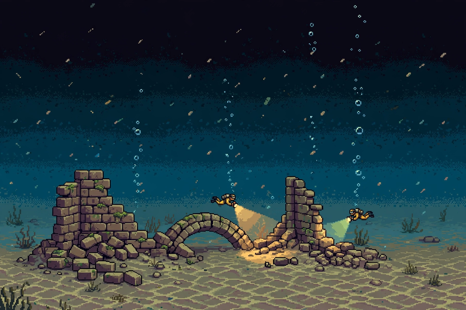 Pixel art: divers with lights exploring medieval stone ruins on a sandy seabed
