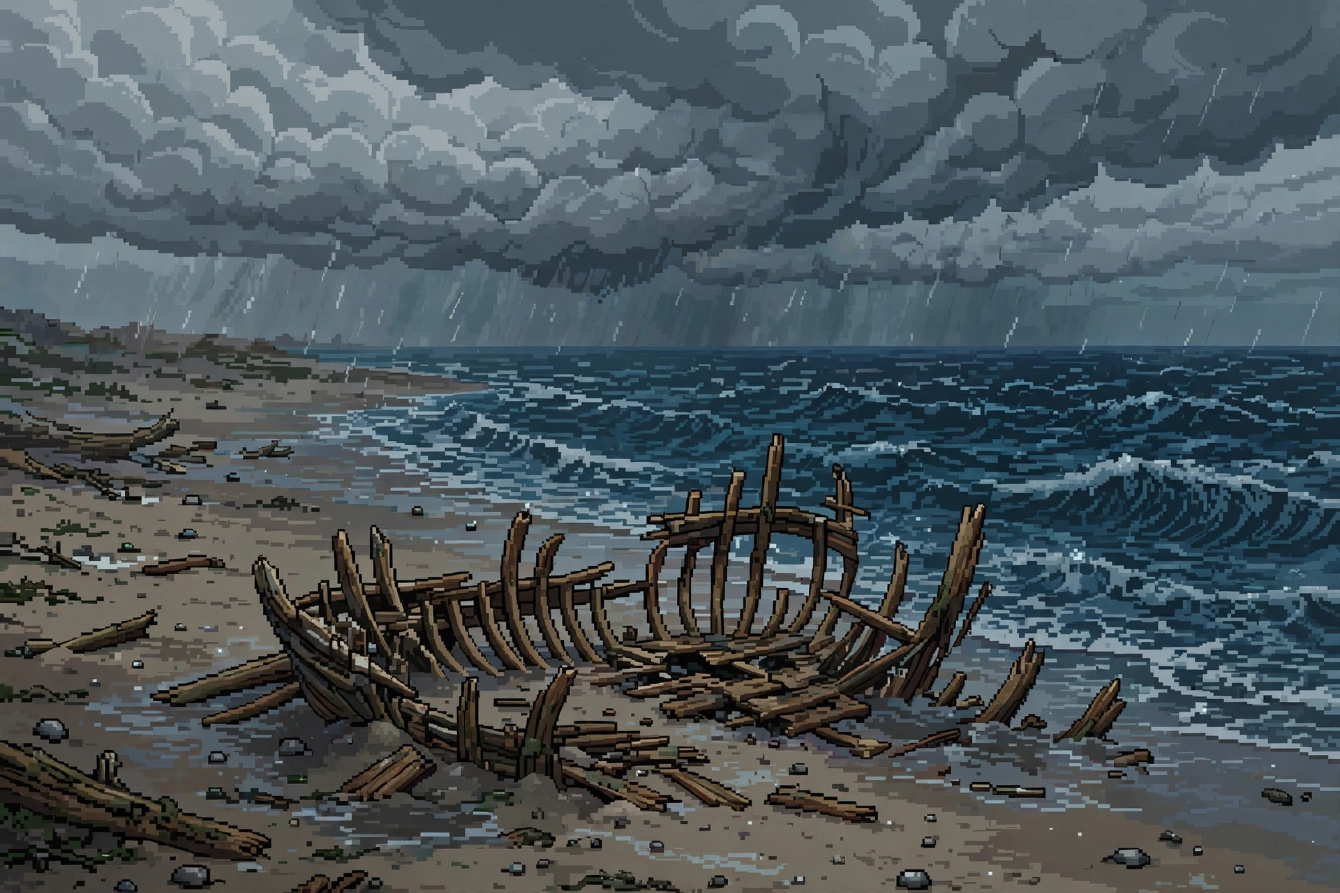 Pixel art: the exposed wooden ribs of a wrecked 19th-century schooner on a storm-scoured beach under grey nor'easter clouds