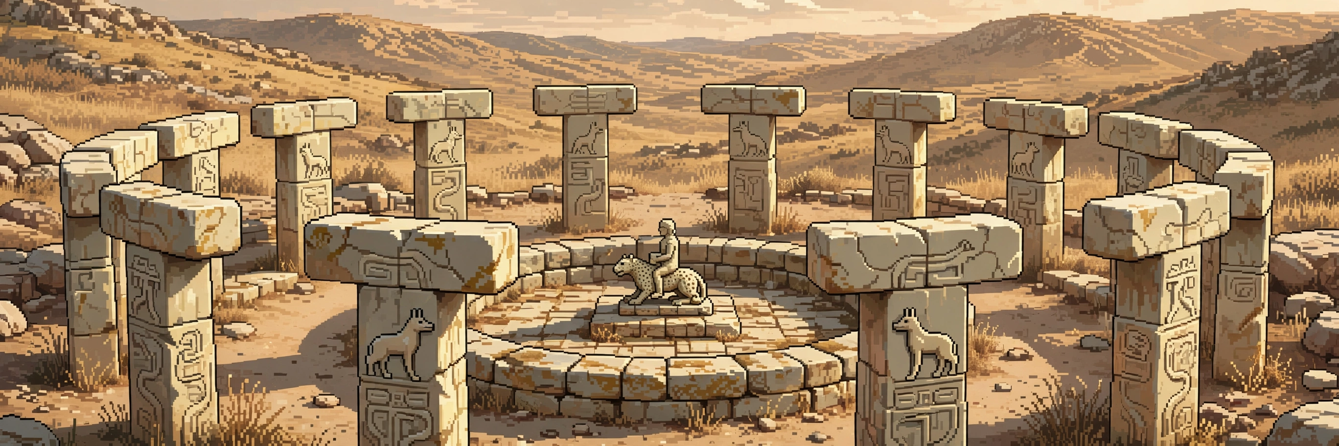 Pixel art: a small stone sculpture of a human seated on a leopard stands on a platform inside a circular Neolithic stone structure, ringed by carved pillars, dry hills beyond