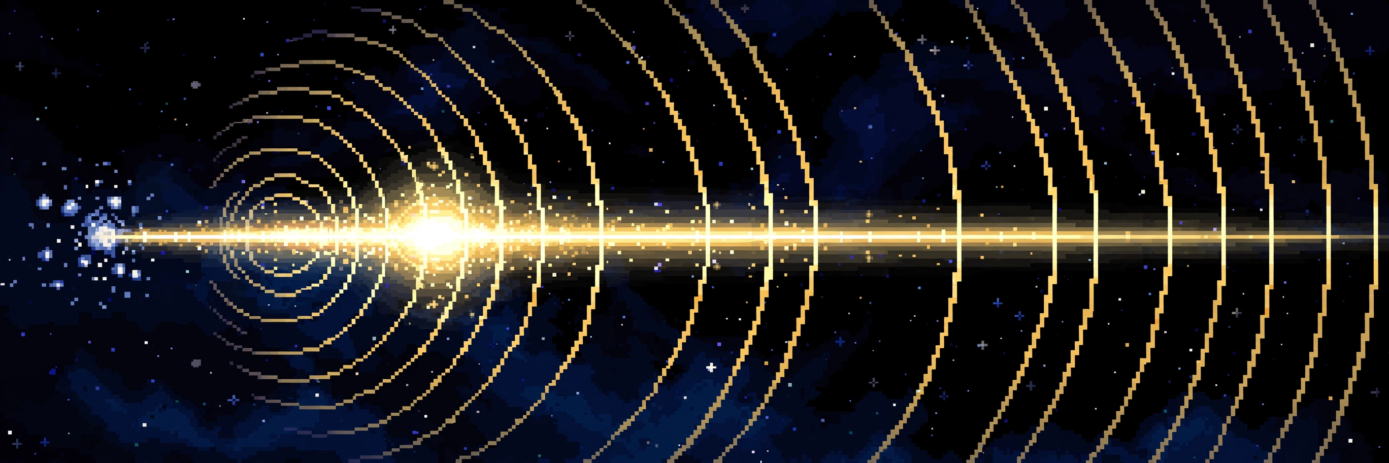 Pixel art: a brilliant gold radio flash erupts from a tiny clump of blue-white galaxy pixels at left, expanding wavefront arcs rippling across a dark starfield to the right