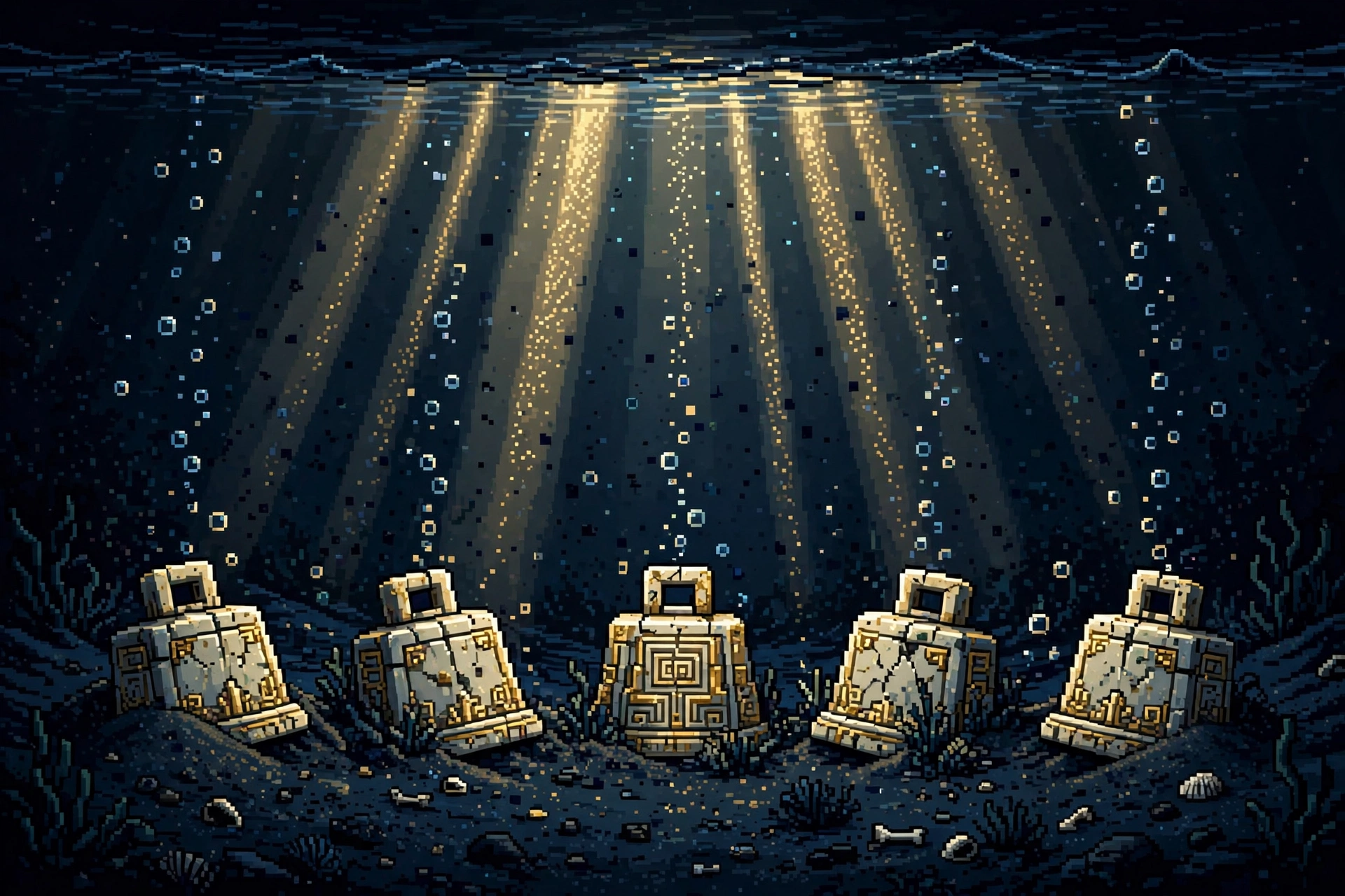 Pixel art: ancient stone bells half-buried on a dark seabed