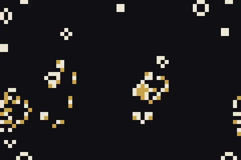 Pixel art: Conway's Life cells in bone and gold on dark ink